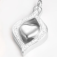 Openable Stainless Steel Memorial Urn Ashes Pendants, with Rhinestones, Rhombus with Heart, Stainless Steel Color, 42x20.5x7mm(BOTT-PW0002-054P)