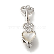 Brass Micro Pave Clear Cubic Zirconia Fold Over Clasps, White Shell Heart, Platinum, 30mm(KK-H480-50P-01)