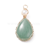 Natural Green Aventurine Copper Wire Wrapped Pendants, with Grade A Natural Cultured Freshwater Pearl, Real 18K Gold Plated, Teardrop, 38~43x19~19.5x8~8.5mm, Hole: 3.5~3.8mm(PALLOY-JF01398-06)