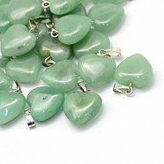 Heart Natural Green Aventurine Pendants, with Platinum Plated Brass Findings, 17~19x15~16x5~8mm, Hole: 2x7mm(X-G-Q371-08)