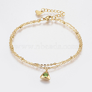 304 Stainless Steel Cable Chain Bracelets, Multi-strand Bracelets, with Rhinestone, Lobster Claw Clasps, Triangle, Golden, Peridot, 7-1/8 inch(180mm), 1.5~2mm(BJEW-I243-24G)