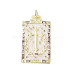 Real 18K Gold Plated Brass Micro Pave Cubic Zirconia Pendants, with Glass and Enamel, Rectangle with Cross, Lilac, 49x28x2mm, Hole: 3x5mm(KK-A209-02G)