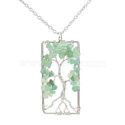 Platinum Tone Copper Wire Natural Green Aventurine Chips Pendant Necklaces, Rectangle with Tree of Life Jewelry for Women Men, 20.08 inch(51cm)(PW-WG96088-04)