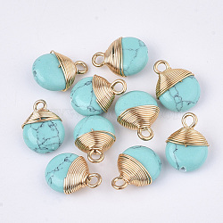 Synthetic Turquoise Pendants, with Brass Findings and Iron Loops, with Half Hole, Dyed, Flat Round, Golden, 14~15x10~11x5~6mm, Hole: 1.5~2mm(G-S344-94)