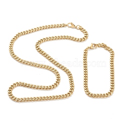 Ion Plating(IP) 304 Stainless Steel Cuban Link Chain Bracelets & Necklaces Jewelry Sets, with Lobster Claw Clasps, Golden, 23.81 inch(60.5cm), 9-1/8 inch(23cm), Link: 8x6x3mm(SJEW-B019-03A-G)