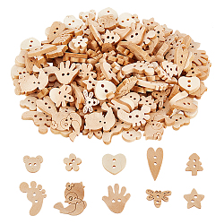 ARRICRAFT 200Pcs 10 Style 2-Hole Wooden Buttons, Mixed Shapes, BurlyWood, 10~21x11~22x2.5~3.5mm, hole: 1~1.8mm, 20pcs/style(WOOD-AR0001-25)