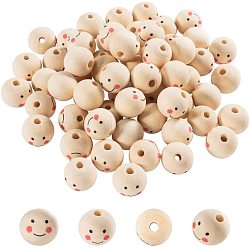 Wood Beads, Large Hole Beads, Round with Smile Face, PapayaWhip, 19~20x17.5~18mm, Hole: 4.5mm, about 100pcs/bag(WOOD-PH0008-78)