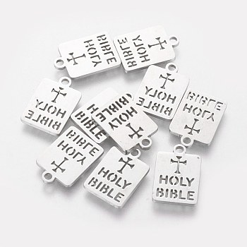 201 Stainless Steel Charms, Laser Cut, Rectangle with Word Holy Bible, Stainless Steel Color, 14.5x10x1.2mm, Hole: 1.5mm