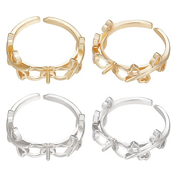 12Pcs 2 Colors Rack Plating Brass Open Cuff Ring Settings, for Half-drilled Beads, Long-Lasting Plated, Heart Leaf, Platinum & Golden, Inner Diameter: 18mm, 6Pcs/color