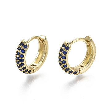 Brass Micro Pave Cubic Zirconia Huggie Hoop Earrings, Real 18K Gold Plated, Nickel Free, Ring, Blue, 13x15.5x4mm, Pin: 0.8mm