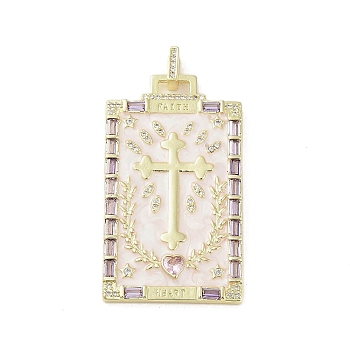 Real 18K Gold Plated Brass Micro Pave Cubic Zirconia Pendants, with Glass and Enamel, Rectangle with Cross, Lilac, 49x28x2mm, Hole: 3x5mm