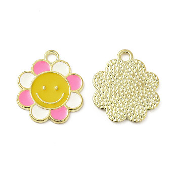 Alloy Enamel Pendants, Flower Charms, Golden, Deep Pink, 18.5x16x1mm, Hole: 2mm