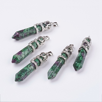 Natural Ruby in Zoisite Big Pointed Pendants, with Alloy Findings, Faceted, Bullet, Platinum, 59~63x11~12mm, Hole: 4x7mm