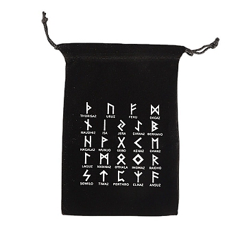 Runes Velvet Jewelry Storage Drawstring Pouches, Rectangle Jewelry Bags, for Witchcraft Articles Storage, Black, 18x12cm