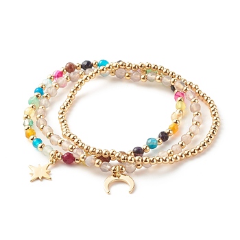 Natural Agate Round Beads Stretch Bracelets, Bracelet, Round, Moon & Star Brass Charm Bracelets for Girl Women, Golden, WhiteSmoke, Inner Diameter: 2-1/4 inch(5.6cm), 3pcs/set