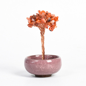 Natural Carnelian Chips Tree Display Decorations, with Random Color Porcelain Bowls, Copper Wire Wrapped Feng Shui Ornament for Fortune, 66x100~110mm