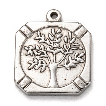 304 Stainless Steel Pendants, Square with Tree of Life, Stainless Steel Color, 21.5x18.5x2.5mm, Hole: 1.6mm