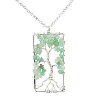 Platinum Tone Copper Wire Natural Green Aventurine Chips Pendant Necklaces, Rectangle with Tree of Life Jewelry for Women Men, 20.08 inch(51cm)