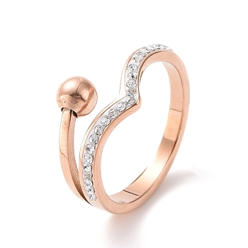 Crystal Rhinestone Wave with Round Ball Finger Ring, Ion Plating(IP) 304 Stainless Steel Jewelry for Women, Rose Gold, US Size 7 1/4(17.5mm)