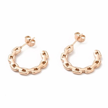 Ion Plating(IP) 304 Stainless Steel Chain Link Shape Stud Earrings, Half Hoop Earrings for Women, Rose Gold, 19x22x2mm, Pin: 0.7mm