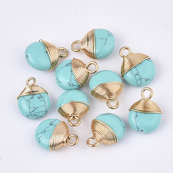 Synthetic Turquoise Pendants, with Brass Findings and Iron Loops, with Half Hole, Dyed, Flat Round, Golden, 14~15x10~11x5~6mm, Hole: 1.5~2mm