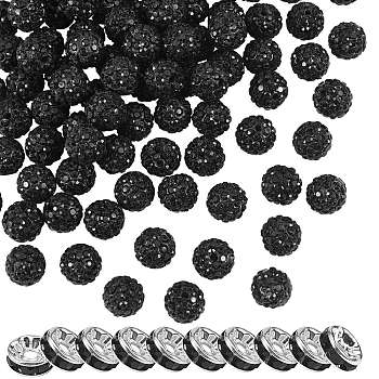 100Pcs Polymer Clay Rhinestone Round Beads, with 10Pcs Brass Rhinestone Spacer Beads, Jet, PP13(1.9~2mm), 6 Rows Rhinestone, 10mm, Hole: 1.5mm, 110pc/box