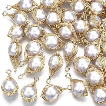 ABS Plastic Imitation Pearl Wire Wrapped Pendants, with Light Gold Plated Brass Wire, Teardrop, Gainsboro, 23x11~12x10mm, Hole: 2mm