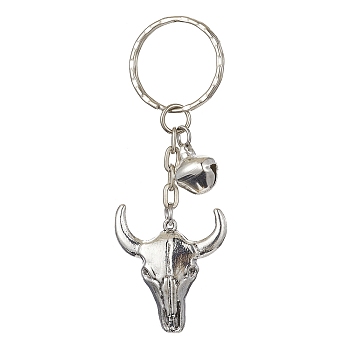 Tibetan Style Alloy Bull Head Kcychain, with Iron Findings and Iron Bells Charm, Antique Silver & Platinum, 8.1cm