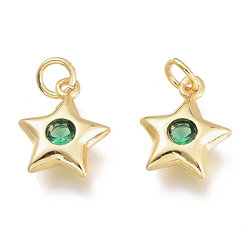 Brass Micro Pave Cubic Zirconia Charms, with Jump Ring, Stars, Golden, Green, 11.5x8.5x2.5mm, Hole: 1.5mm Jump rings: 3.5x0.8mm