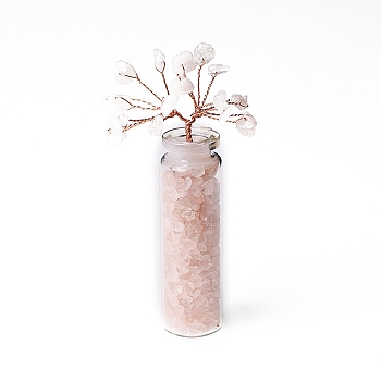 Natural Rose Quartz Chips Tree of Life Decorations, Glass Wish Bottle with Copper Wire Feng Shui Energy Stone Gift for Women Men Meditation, 70x22mm