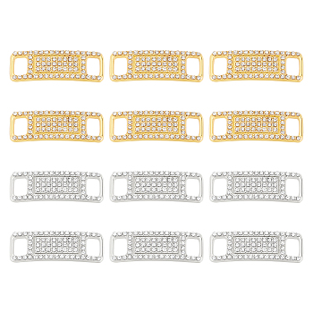 12Pcs 2 Colors Brass Micro Pave Clear Glass Connector Charms, for Shoes Decor, Curved Rectangle, Platinum & Golden, 10x30x2.5mm, Hole: 4x6mm,  6pcs/color