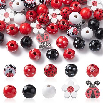 50Pcs 10 Styles Ladybug Theme Printed Wood Beads, Wooden Spring Beads, Mixed Color, 16~20x15~16.5x8mm, Hole: 3mm, 5pcs/style