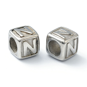 304 Stainless Steel European Beads, Large Hole Beads, Horizontal Hole, Cube with Letter, Stainless Steel Color, Letter.N, 8x8x8mm, Hole: 4mm