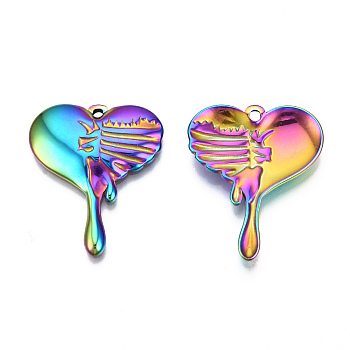 Ion Plating(IP) 201 Stainless Steel Pendants, Melting Heart, Rainbow Color, 30x24.5x3mm, Hole: 1.6mm