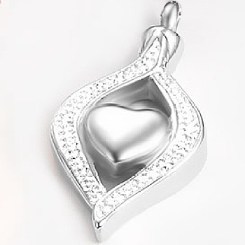 Openable Stainless Steel Memorial Urn Ashes Pendants, with Rhinestones, Rhombus with Heart, Stainless Steel Color, 42x20.5x7mm