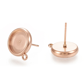 Ion Plating(IP) 304 Stainless Steel Stud Earring Findings, Flat Round, Rose Gold, 15x12.5mm, Hole: 1.6mm, Pin: 0.7mm, Tray: 10mm