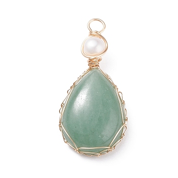 Natural Green Aventurine Copper Wire Wrapped Pendants, with Grade A Natural Cultured Freshwater Pearl, Real 18K Gold Plated, Teardrop, 38~43x19~19.5x8~8.5mm, Hole: 3.5~3.8mm