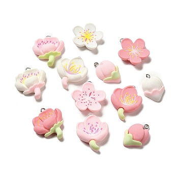 Opaque Resin Peach Blossom Pendants, Flower Charms with Platinum Tone Iron Loops, Random Color, 23.5~29.5x16~24.5x5.5~7.5mm, Hole: 2mm
