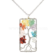 Platinum Tone Copper Wire Gemstone Chips Pendant Necklaces, Rectangle with Tree of Life Jewelry for Women Men, 20.08 inch(51cm)(PW-WG96088-02)
