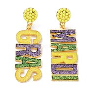 Carnival Theme Glitter Zinc Alloy Letter Dangle Stud Earrings, Word Gras Mardi Asymmetrical Earrings, Colorful, 61x19.5mm(EJEW-D087-05G)