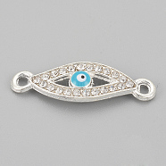 Alloy Rhinestone Links connectors, Cadmium Free & Lead Free, Evil Eye, Sky Blue, Silver Color Plated, 26x8x2mm, Hole: 1.5mm(ALRI-S170-15S)