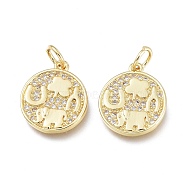 Brass Micro Pave Clear Cubic Zirconia Charms, with Jump Ring, Long-Lasting Plated, Flat Round with Elephant, Real 18K Gold Plated, 14.5x12x2mm, Jump Ring: 5x0.7mm, 3.6mm Inner Diameter(ZIRC-L076-050G)