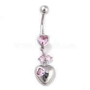 Piercing Jewelry, Brass Cubic Zirciona Navel Ring, Belly Rings, with 304 Stainless Steel Bar, Lead Free & Cadmium Free, Heart, Pink, 41mm, Pendant: 19x10mm, Bar: 14 Gauge(1.6mm), Bar Length: 3/8"(10mm)(AJEW-EE0006-71B-P)