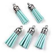 Faux Suede Tassel Pendant Decorations, with CCB Plastic Cord Ends, Platinum, Turquoise, 35~37x10mm, Hole: 1.8mm(FIND-T002-A31)