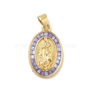 Brass Charms, with Shell, Cadmium Free & Lead Free, Long-Lasting Plated, Oval with Saint, Real 18K Gold Plated, Mauve, 22.5x14x3.5mm, Hole: 3.5x3mm(KK-B059-51G-C)