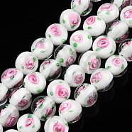 Handmade Lampwork Beads Strands, Round with Flower, Creamy White, 9.5mm, Hole: 1.5mm, about 50pcs/strand, 18.90 inch(48cm)(LAMP-N021-45G)
