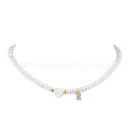 Brass Micro Pave Grade AAA Cubic Zirconia Letter Pendant Necklaces, Heart & Round Baking Painted Pearlized Glass Pearl Beaded Necklaces for Women, Letter R, 15.20 inch(38.6cm)(NJEW-JN04771-18)