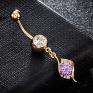 Brass Cubic Zirconia Navel Ring, Belly Rings, with 304 Stainless Steel Bar, Cadmium Free & Lead Free, Real 18K Gold Plated, Lilac, 42x8mm, Bar: 15 Gauge(1.5mm), Bar Length: 3/8"(10mm)(AJEW-EE0004-28D)