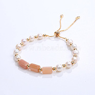 Natural Sunstone & Plastic Imitation Pearl Bead Slider Bracelets, Adjustable Brass Bead Bracelets for Women, (AT8786-5)