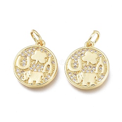 Brass Micro Pave Clear Cubic Zirconia Charms, with Jump Ring, Long-Lasting Plated, Flat Round with Elephant, Real 18K Gold Plated, 14.5x12x2mm, Jump Ring: 5x0.7mm, 3.6mm Inner Diameter(ZIRC-L076-050G)